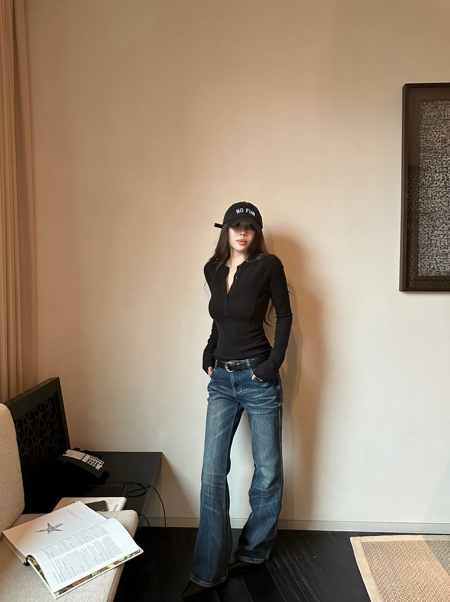 

NanaByNana Vintage Waed Bell Bot Jeans Women's Long Trousers 0cm Leg Lengthening Cotton Low Waist Button Fly