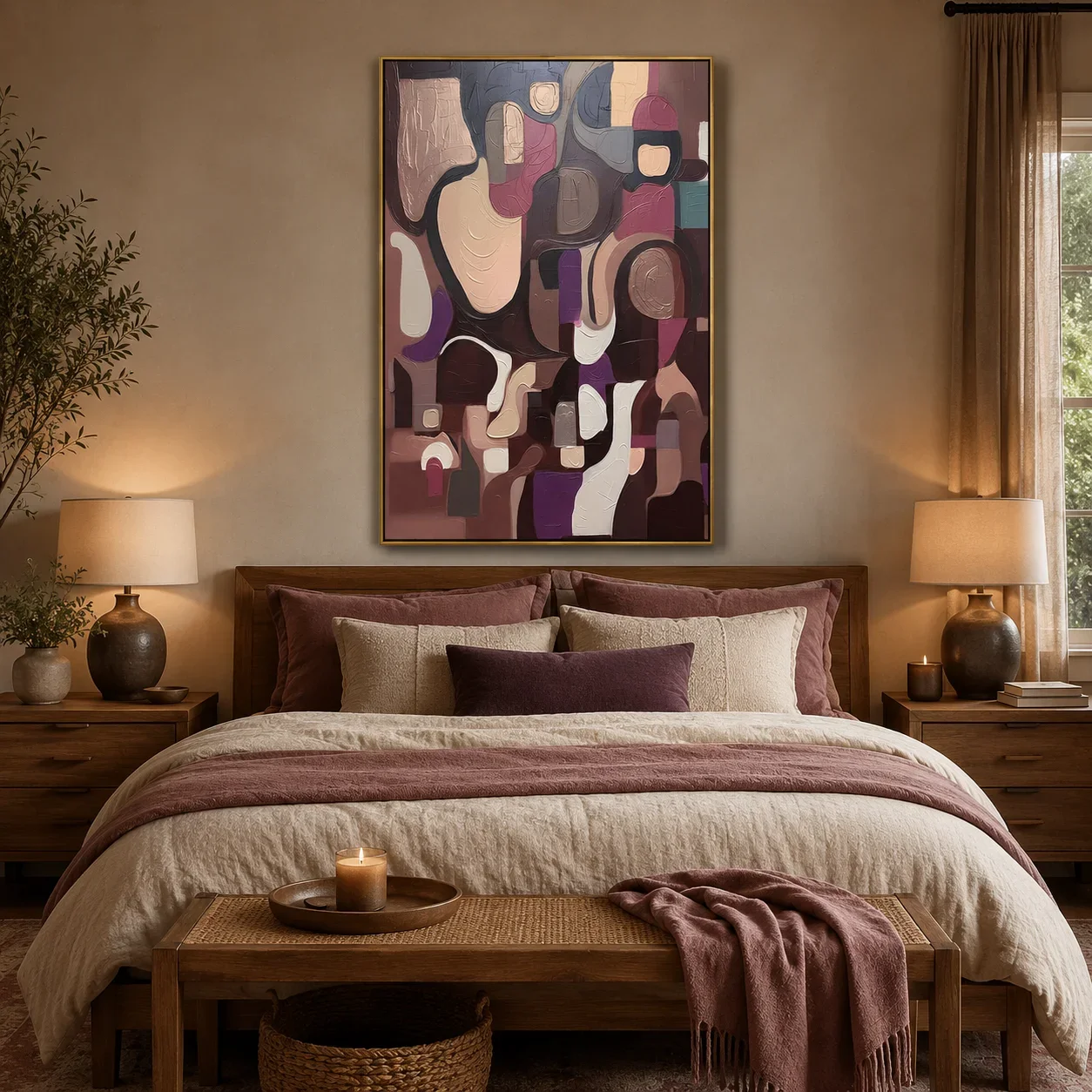 1pc frameless Canvas Painting Mauve Mosaic – Hand-Painted Burgundy and Mauve Geometric Cubist Abstract Painting for Bedroom, Liv
