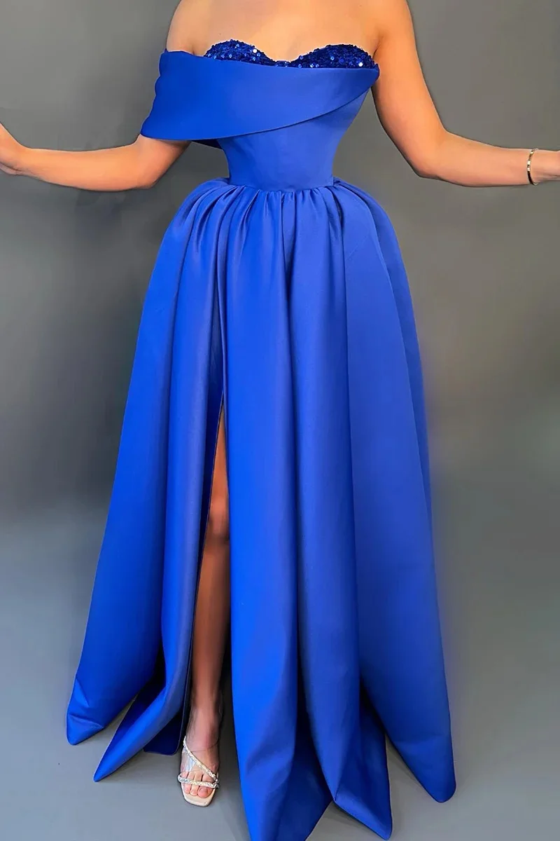 Royal Blue Evening Dresses One Shoulder Sequined Satin 2024 Strapless Long Floor Length Formal Party Prom Gown Graduation Dress