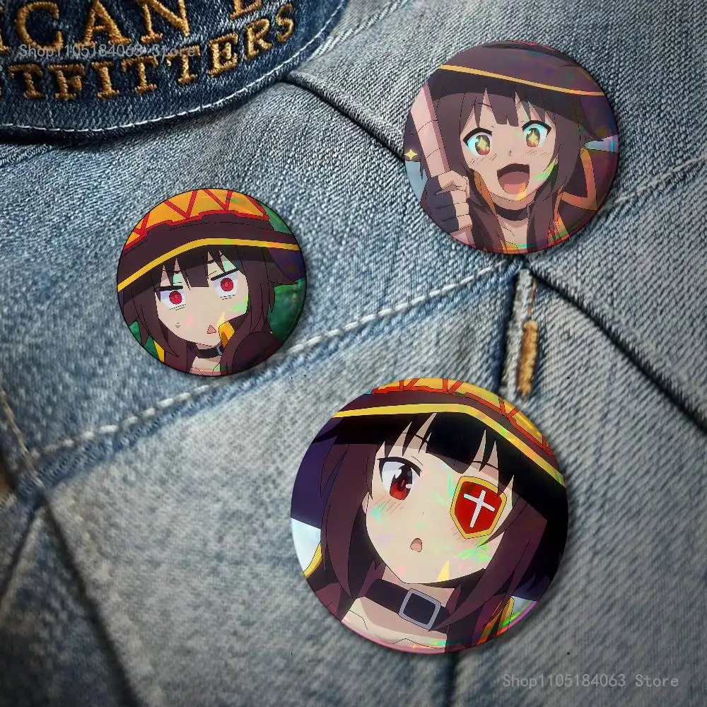 Megumin Anime K-KonoSubaS Laser reflective round badges pins bag clothing decorations collectibles gifts for friends