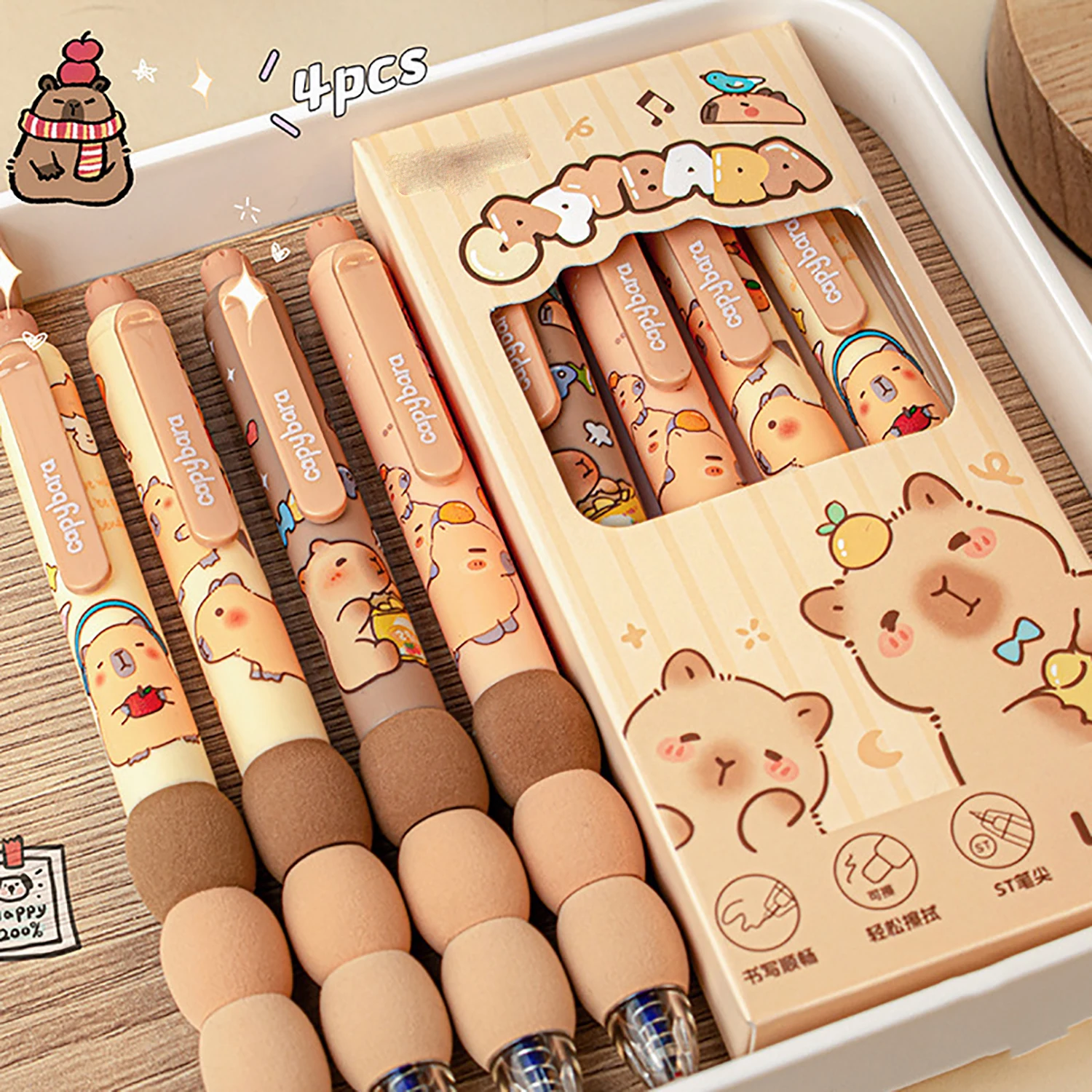 4-Pack of Erasable Click Pen Cartoon Capybara Thermo-Sensitive Erasable Pen Quick-Drying Smooth Gel Pen Aesthetic Stationery