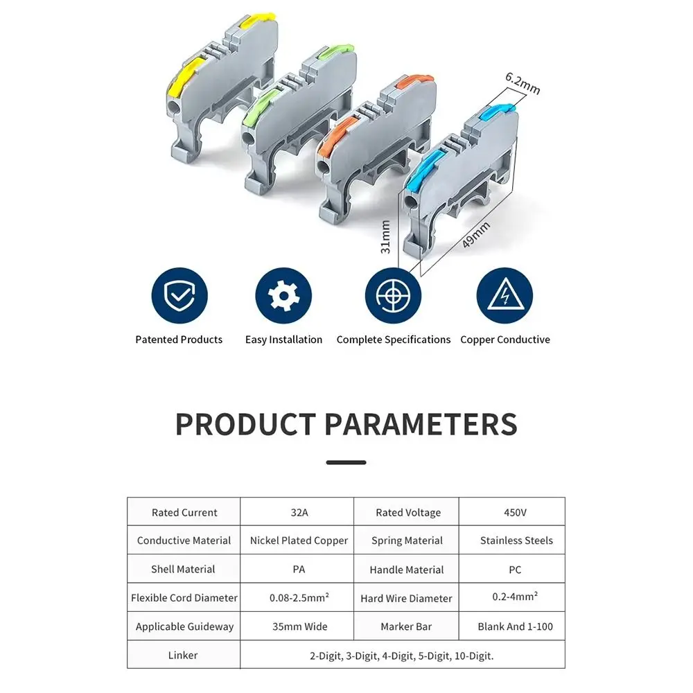 10Pcs CMK420 Din Rail Terminal Block 450V 32A 4mm2 11AWG Quick Splice Hub Color Coded Terminals DIN Mount Design