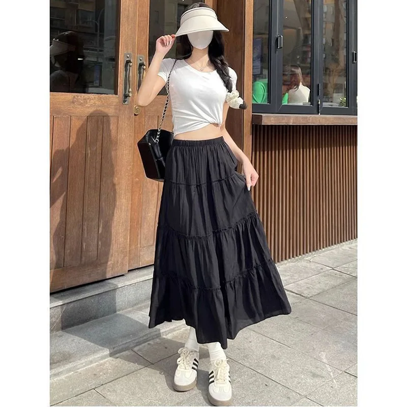 Women's Tiered Maxi Skirt, Elastic High-Waisted A-Line Flowy Skirt, Casual Lightweight Summer Skirt