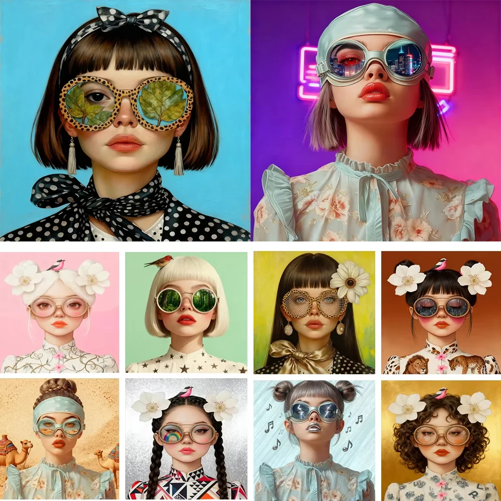 Beautiful Woman with Glasses Flower Posters and Prints on The Canvas Prints Modern Art Woman Wall Paintings Room Decor Picture