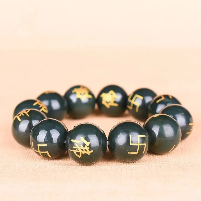 

Ручной резной китайский браслет из натурального нефрита Хэтянь, модные украшения, мужской браслет Свастика Будды, черный нефритовый браслет, подарок