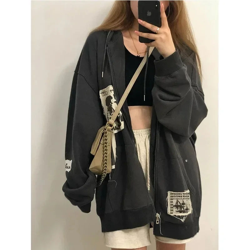 Gothic Hoodie Jackets Women Harajuku Oversized Zipper Jacket Autumn Winter Vintage Loose Hooded Sweatshirts Y2k streetwear