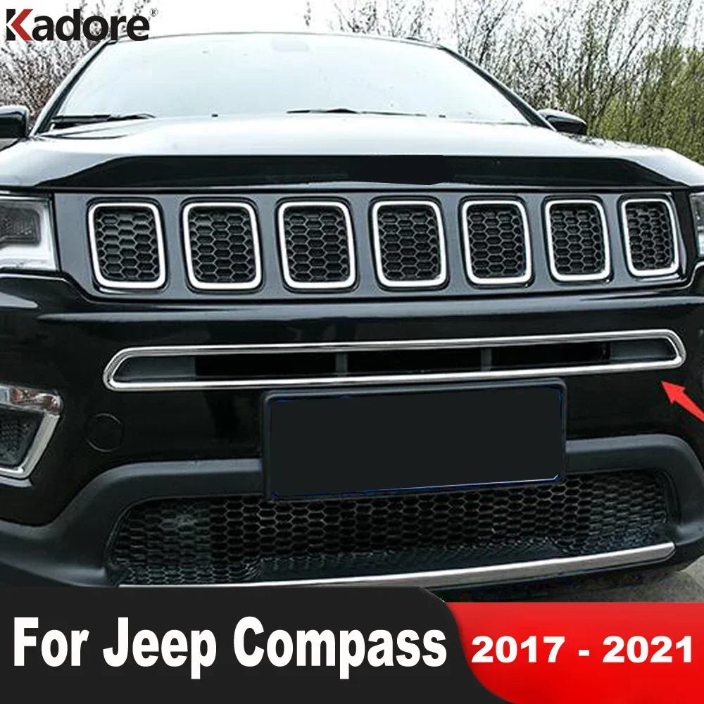 For Jeep Compass 2017 2018 2019 2020 2021 Chrome Car Front Center Grille Grill Cover Trim Racing Grills Frame Trims Accessories