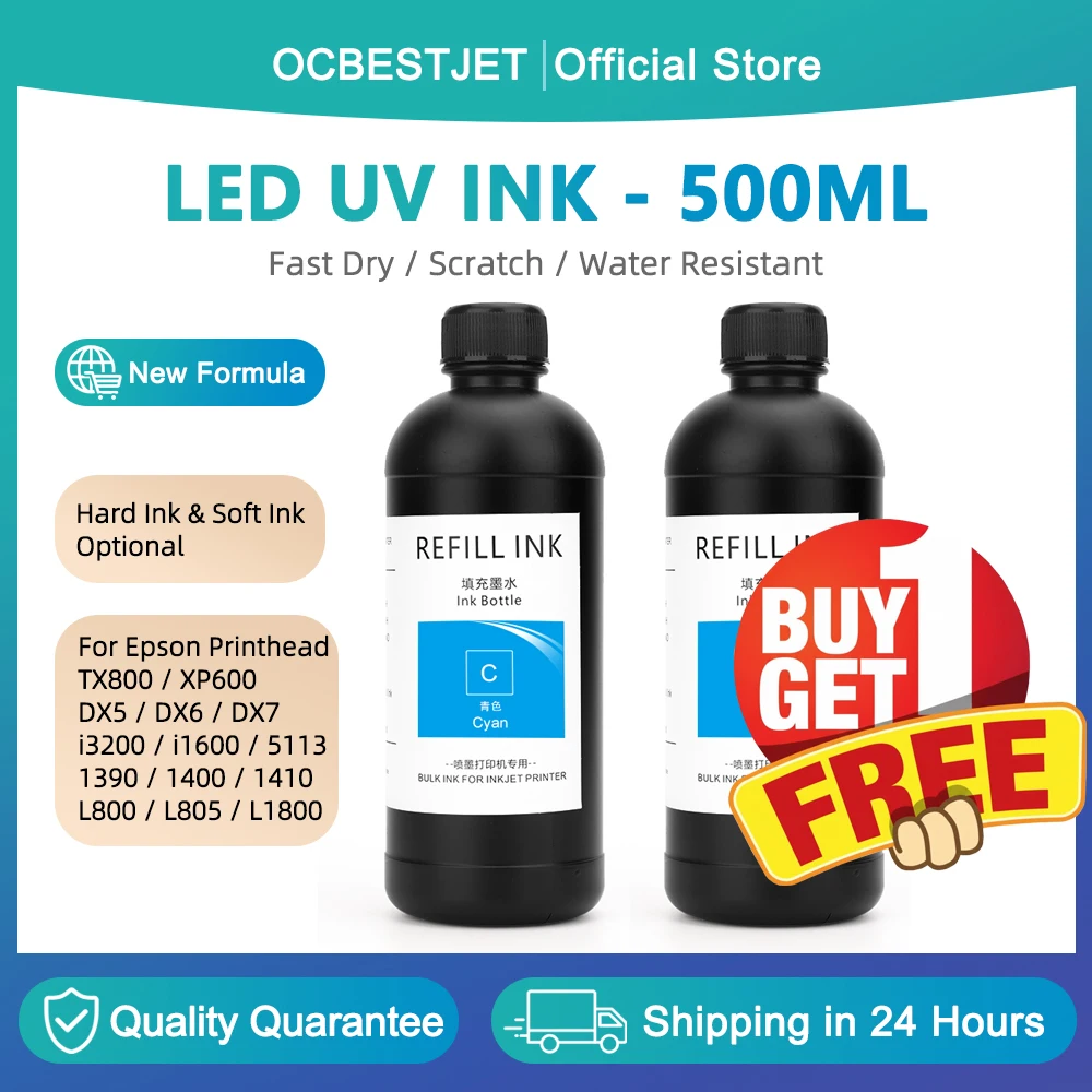 

(Buy 1 Free 1) 500ML LED UV Ink UV Curable Ink For TX800 XP600 DX5 DX6 DX7 i3200 i1600 5113 4720 1390 1400 1410 L800 L805 L1800