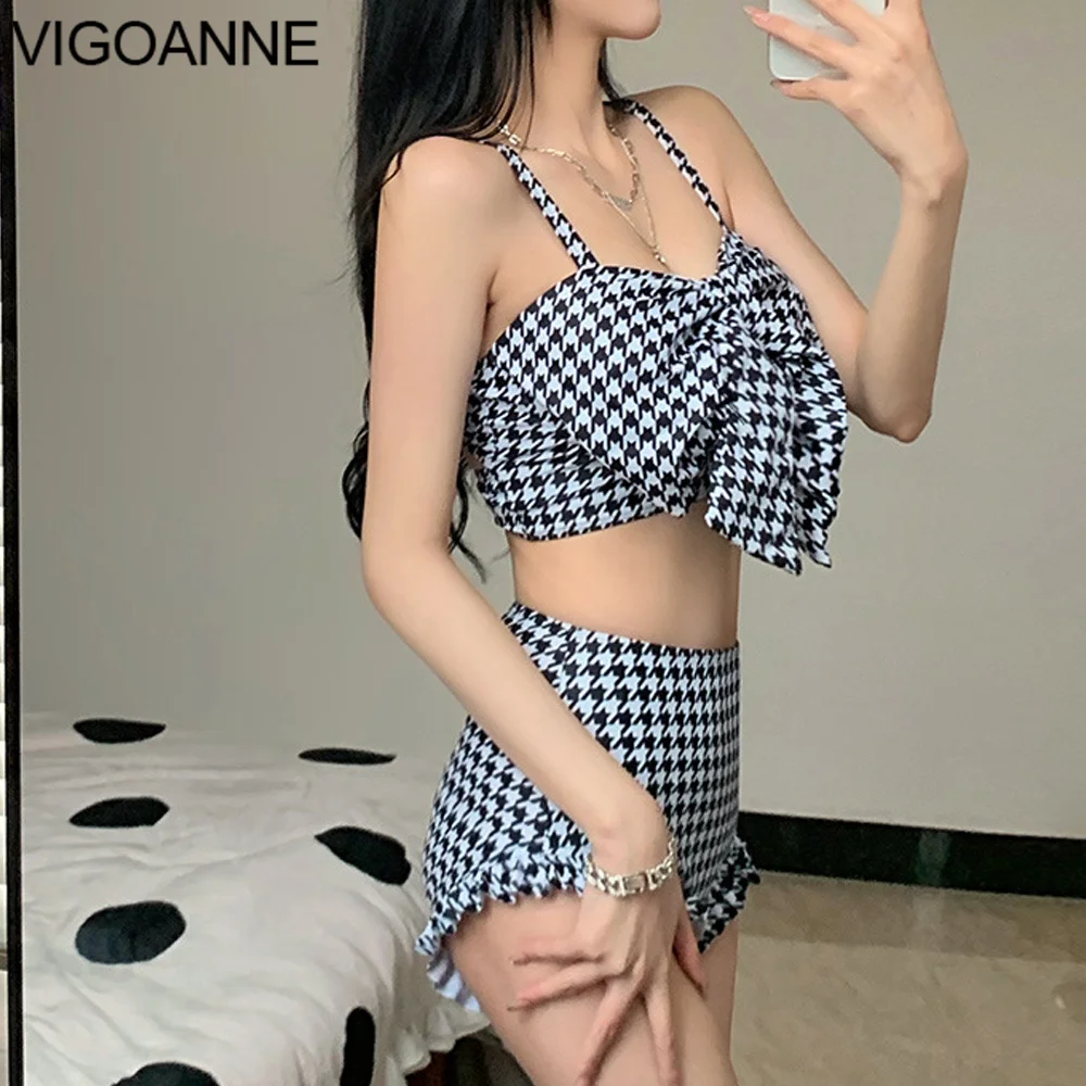 VigoAnne 2024 Print Strapped Swimwear Women Sexy Bow Push UP High Waist Bikini Set Korean Lolita Swimsuit Beach Bathing Suit