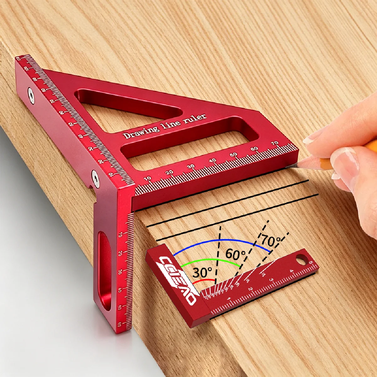 2Pcs Woodworking Measuring Kit,Red Aluminum 45/90° Triangle Square with Mini L‑Shape Keychain Ruler for Carpentry DIY Layout