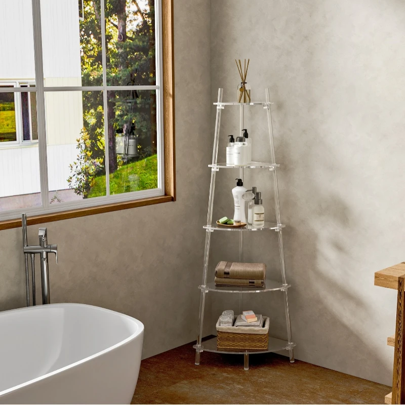 

Acrylic bookshelf, fan-shaped furniture, trapezoidal storage rack, five-layer transparent ladder floor rack against the wall