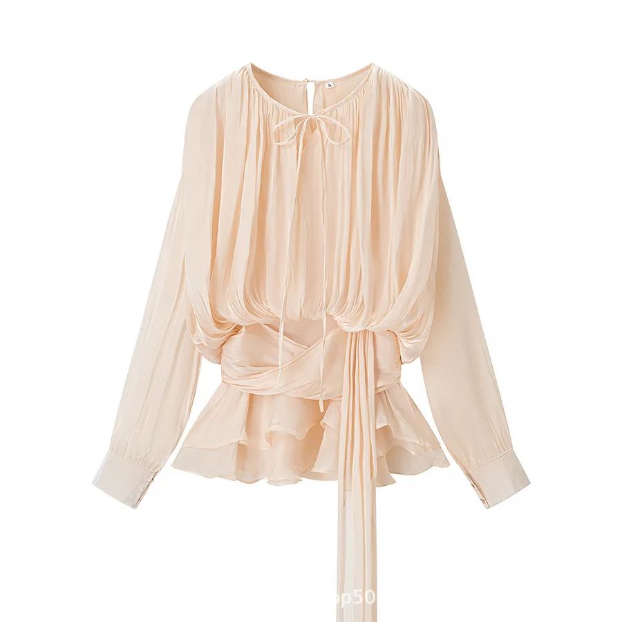 Summer  new collection: European and American style, fashionable, pleated high-waisted, shiny long-sleeved dress and short skirt