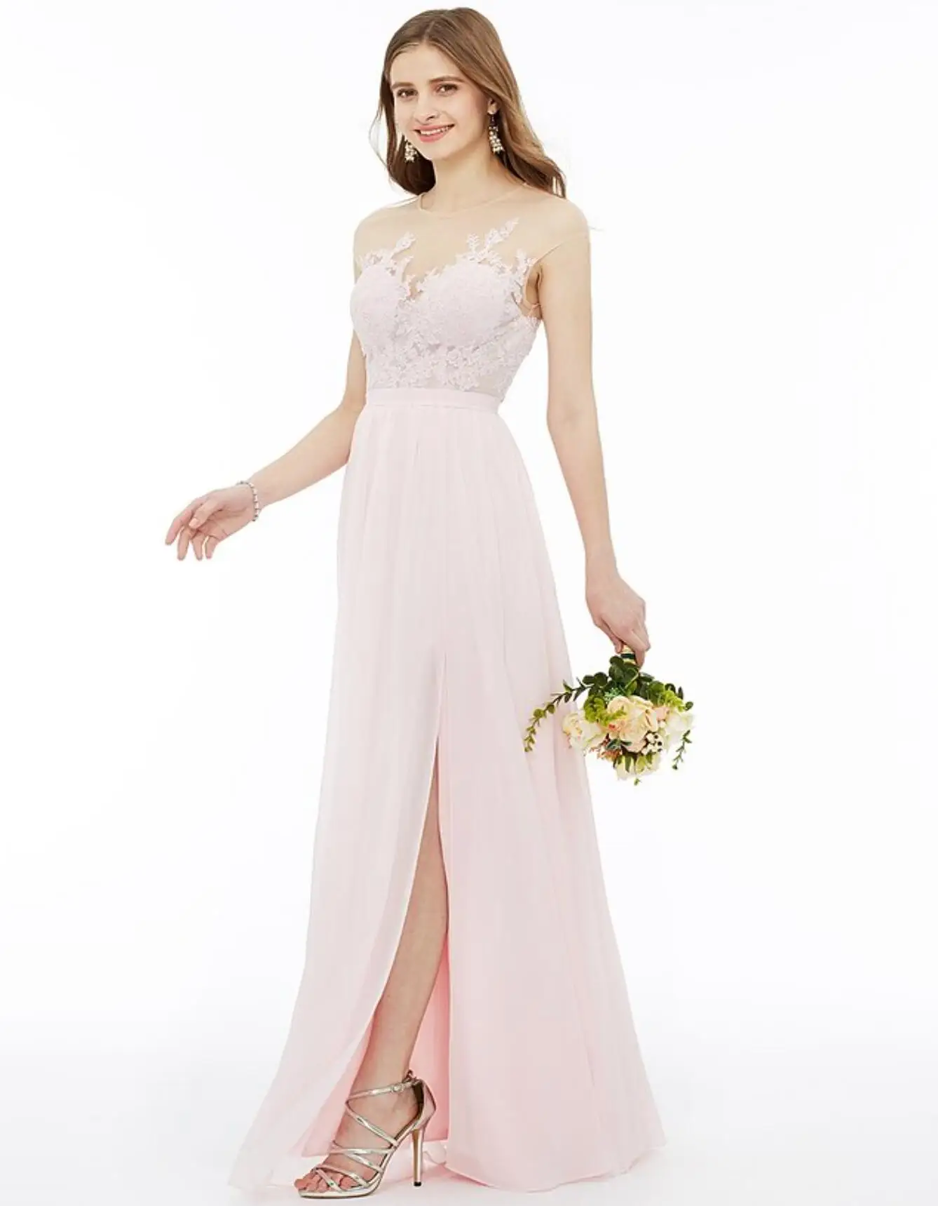 Scoop Neck Lace Appliques A-Line Chiffon Floor- Length Bridesmaid dresses2024