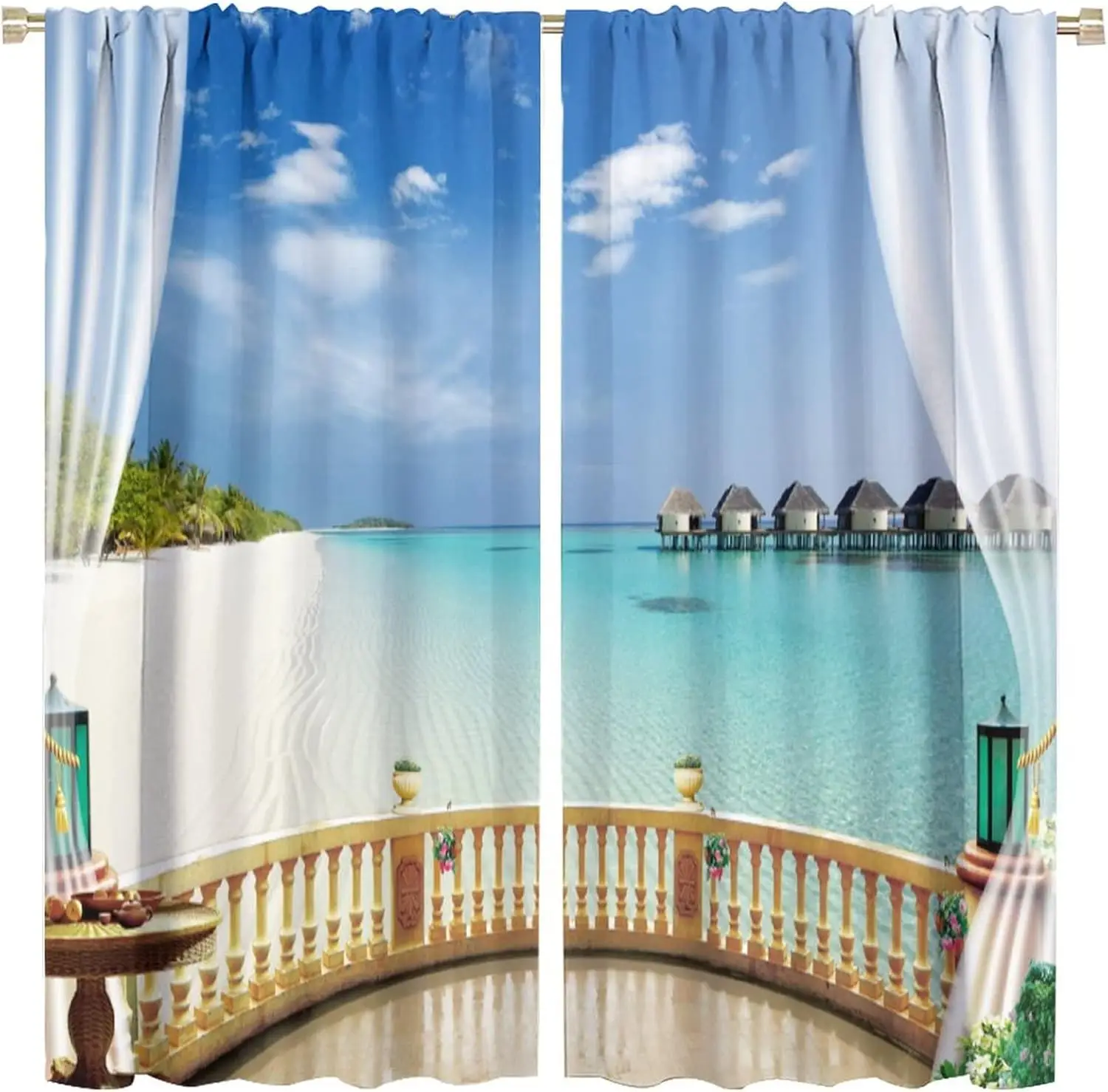 

Maldives Sea View Balcony Curtain Tropical Island Print Resort Style Window Treatment for Home Decoration