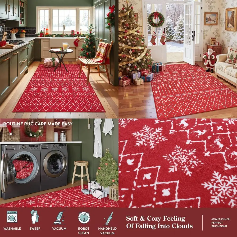 

Red Moroccan Snowflake Washable Rug, 3x5 ft, Soft Low Pile, Non-Slip, Perfect for Home Office Holiday Decor