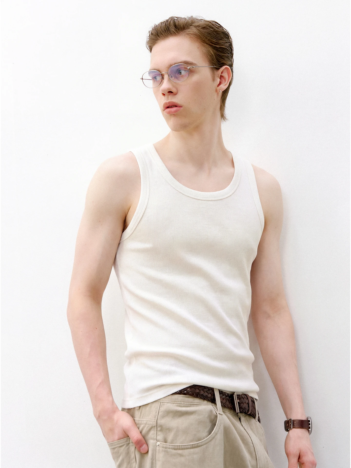 714street Summer Men's Slim Fit Sport Vest 280g Elastic Skin-friendly Base Layer Fitness Shirt Casual Shoulder Pad Design