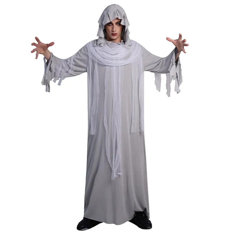 Grey Men Halloween Hell Devil Ghost Death Costumes Adult Demon Scary Cosplay Carnival Purim Nightclub Bar Role Play Party Dress