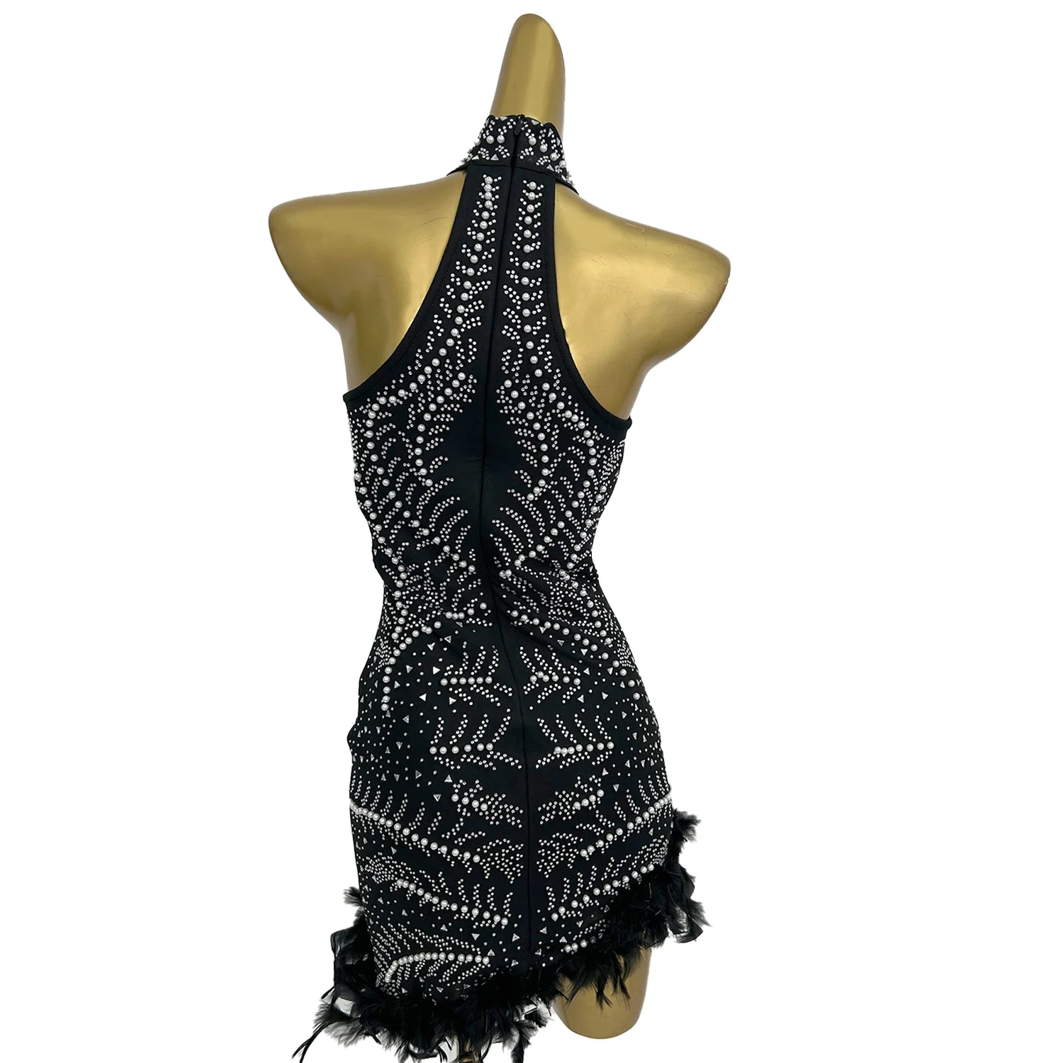 Mode femmes cou robe suspendue argent strass perle plume danse latine Costume anniversaire mariage Banquet robe de soirée H1530