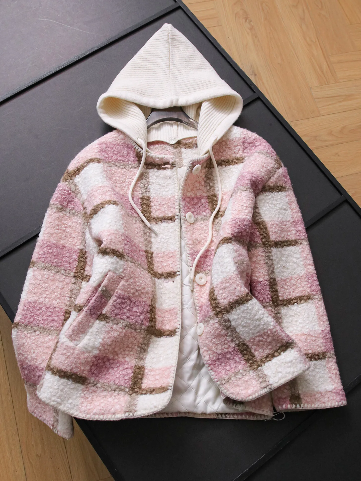 

Pink Plaid Furry Oversized Warm Winter Coat Long Sleeve Hooded Sheepskin Simulation Women's Jacket B805 Sweet Style Thickened