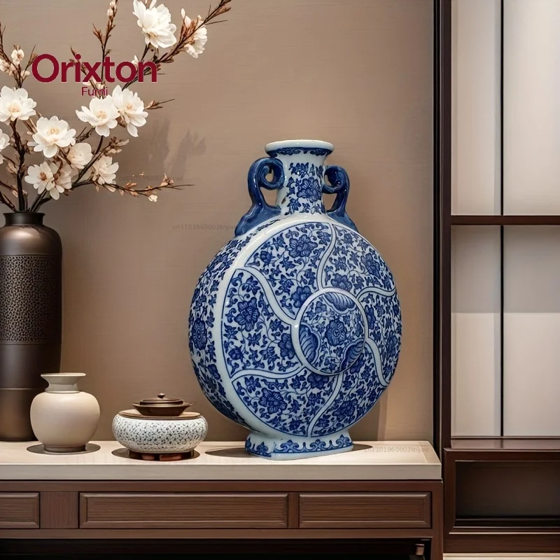 Handcrafted Porcelain Vase with Blue & White Floral Traditional Chinese Home Decor, Antique Style Double-Ear Moon Bottle