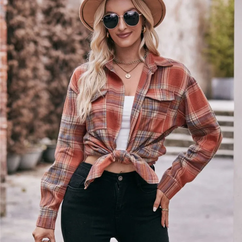 

Ladies' Street Style Long Sleeved Shirt Autumn Button Up Collar Top Casual And Fashionable Oversized Loose Checkered Blouse New