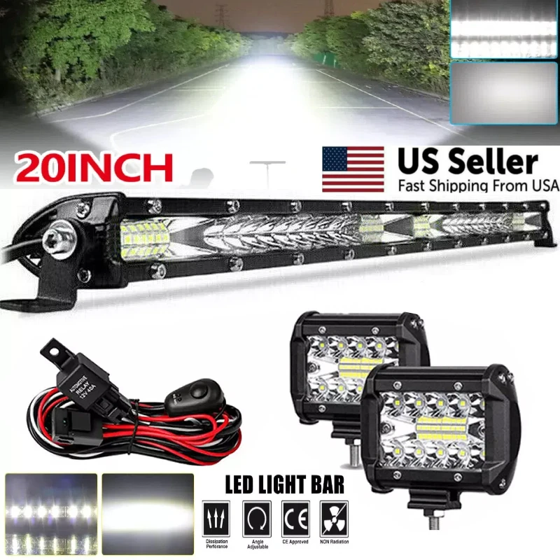 

20 Inch 152W Combo LED Light Bar Set - 2 Pcs 4 Inch Work Driving Lamps with Wiring Harness for Off Road ATV Boat Lighting 12-24V