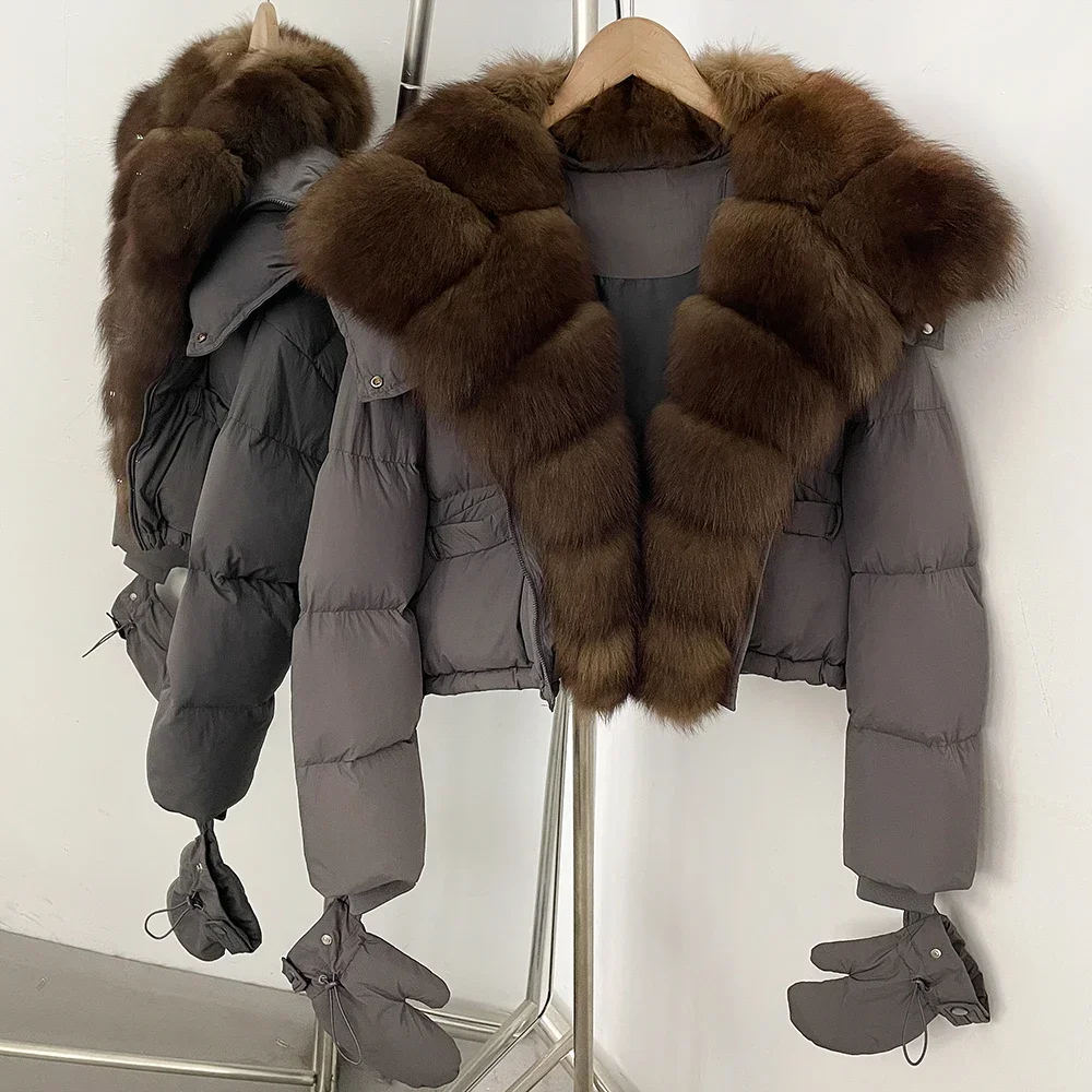 OFTBUY Damen-Daunenjacke mit Kapuze, kurze Oberbekleidung mit abnehmbaren Handschuhen, Reißverschluss, echtes Fell, Daunenjacke mit echtem Fuchsfell – Detail 17