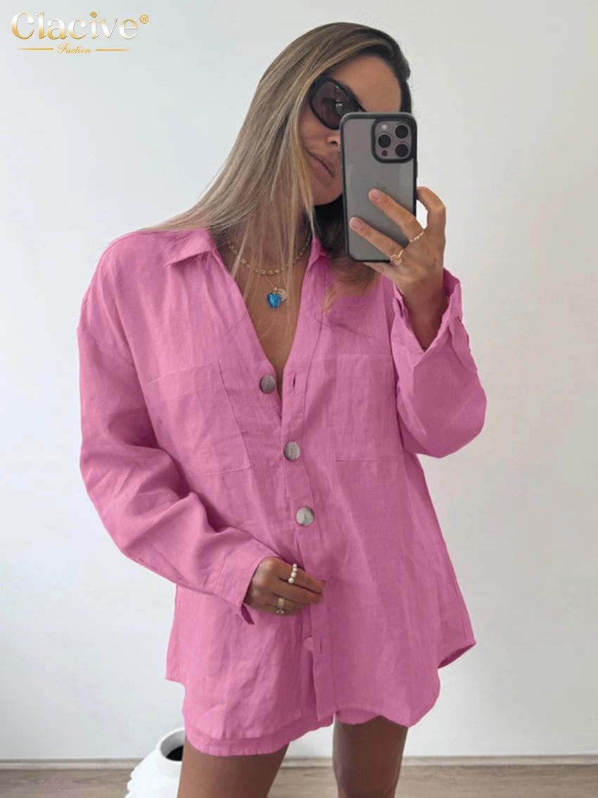 

Clacive Fashion Loose Pink Cotton 2 Piece Sets Woman Outfit 2025 Elegant Long Sleeve Shirt With High Waist Shorts Set Female