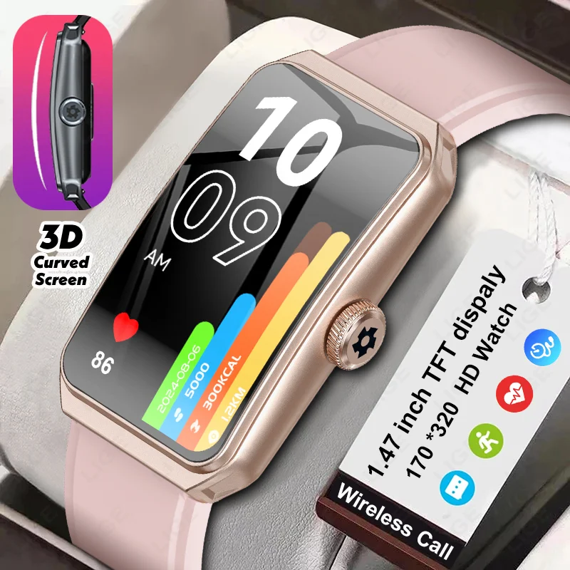 

LIGE 2025 1,47 "Смарт-часы с 3D изогнутым экраном для Android IOS Bluetooth-вызов Монитор сердечного ритма кислорода в крови Смарт-часы для женщин и мужчин