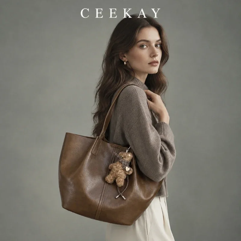 CEEKAY Pebbled Leather Tote Bag Twin Strap Vertical Seam Bear Charm All-Match Daily Wear Spacious Elegant Chic for Women