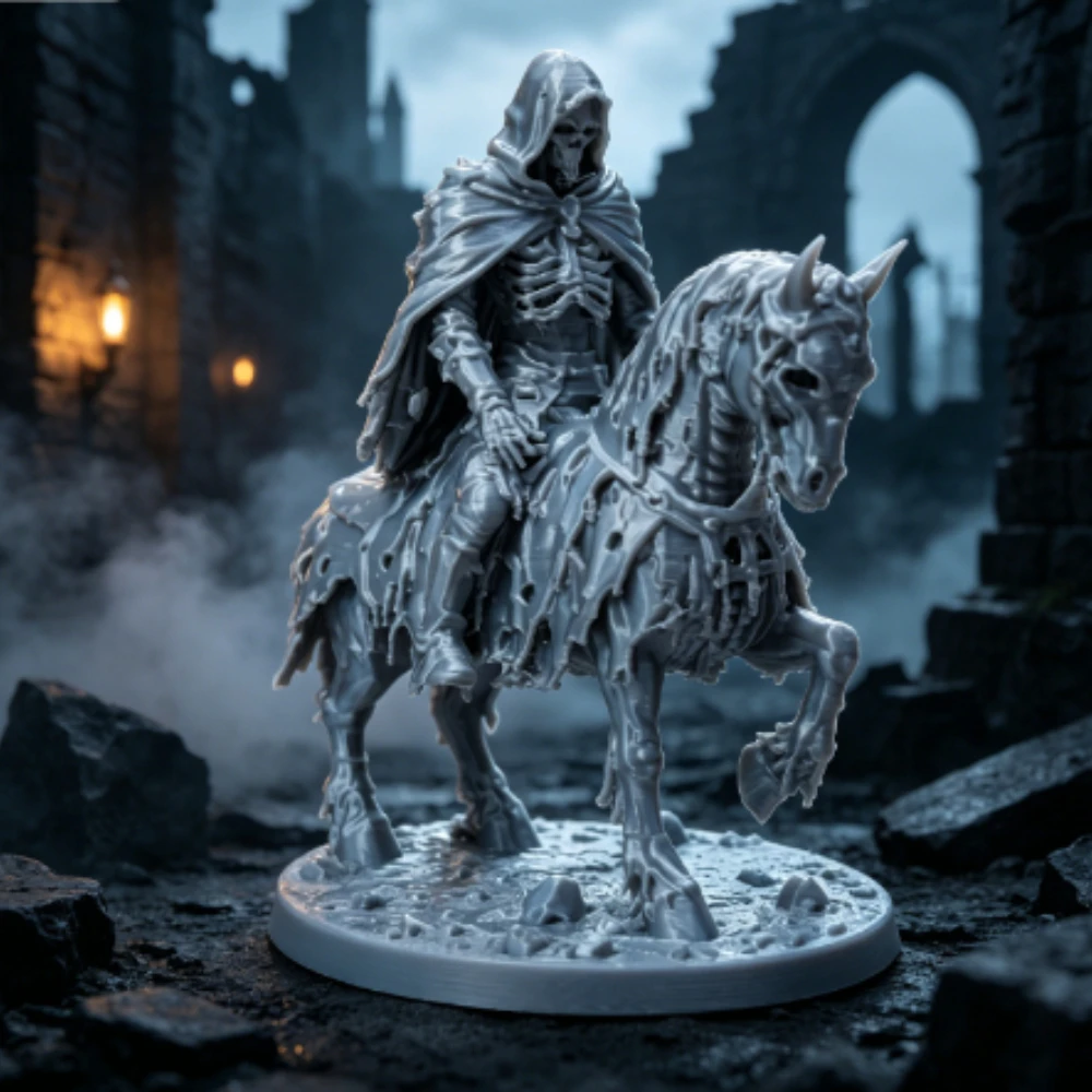 Undead Skeleton Rider Horse Figurine 3DPrinted  Miniature Hooded Ghost Knight Tabletop Ornament Wargame Figurine with Base Decor