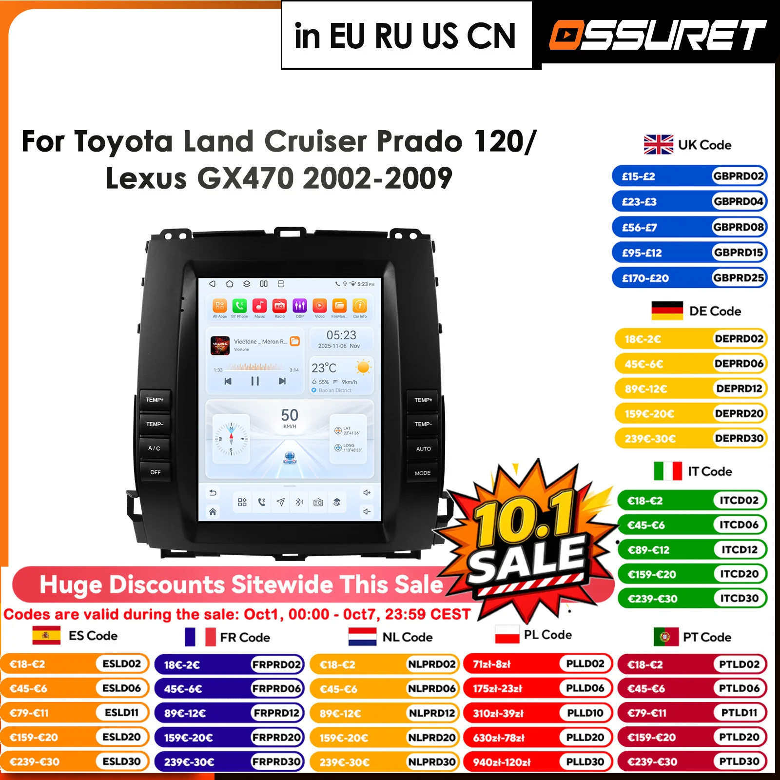 Android 14 for Prado 120 Lexus GX470 for Toyota Land Cruiser 2002-2009 Car Radio Automotive Multimedia Carplay Auto