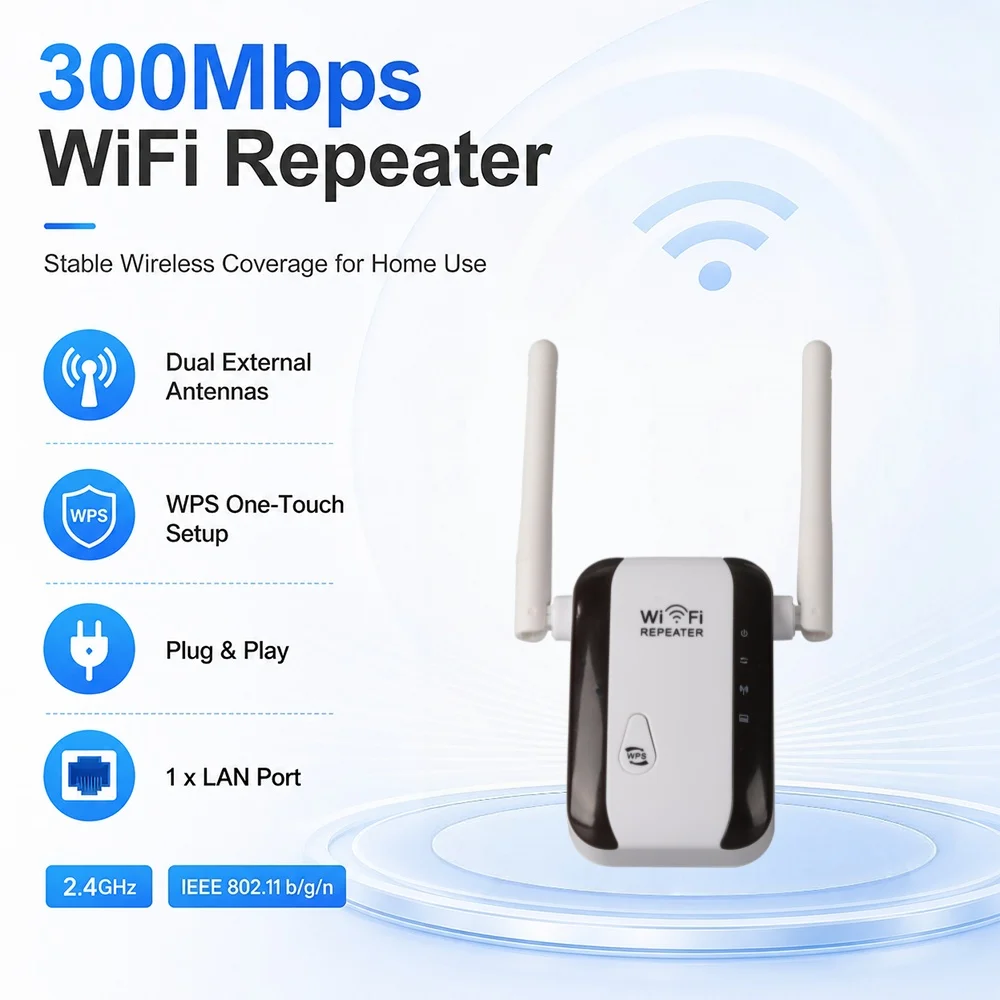 Wifi Repeater with 2 Antennas Wireless Signal Amplifier Extended Network Enhancer EU US Home Router 300mbps Through The Wall