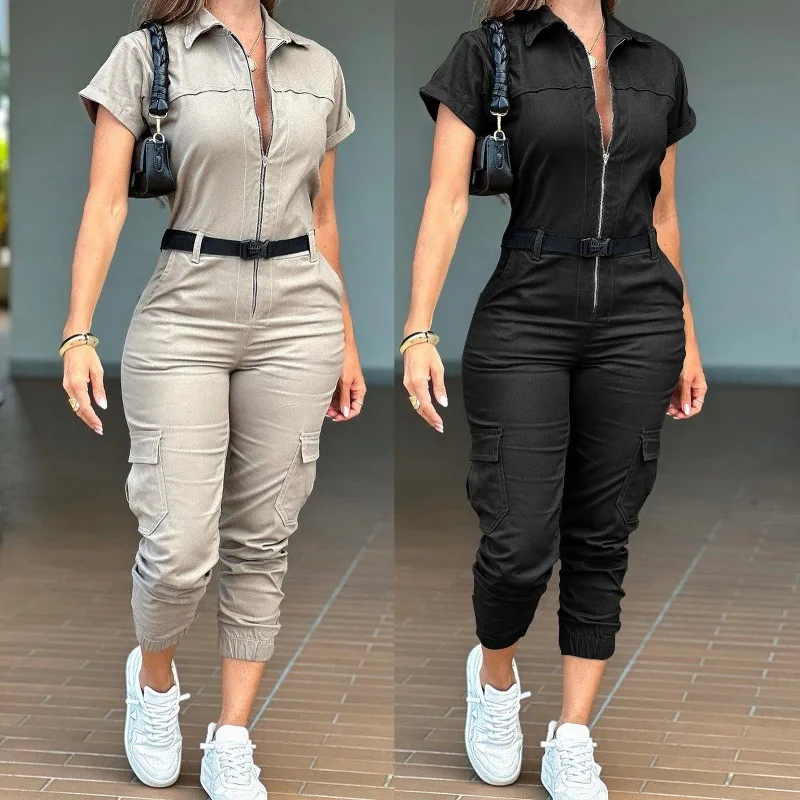

Jumpsuit Short Sleeves Women's Zip Fastening Workwear Style Lapel Collar Multiple Pockets Belt Loops New Designer Fashionable