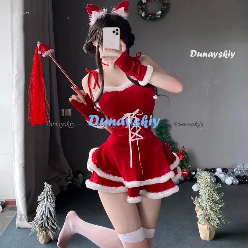 

asdh8@Cute Bunny Santa Claus Uniform Cosplay Christmas Look Women Magic Outfits Top Skirt Gloves CostumesCOSda@
