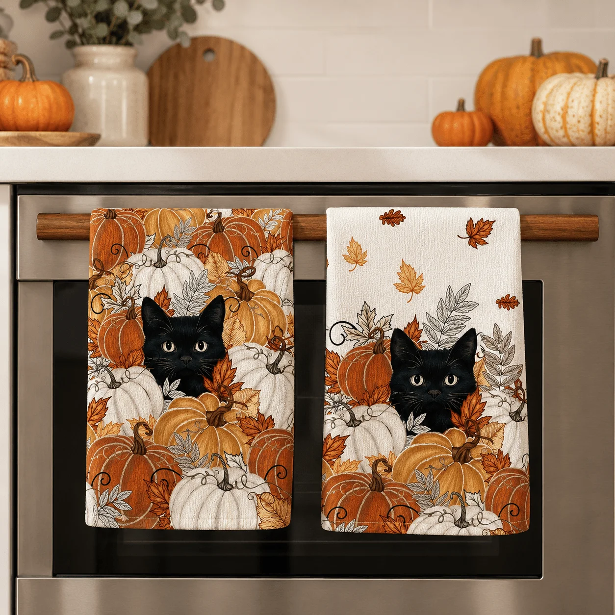 2 black cat pumpkin maple leaf pattern kitchen towel scouring cloth dish towel, autumn pumpkin black cat printing decoration