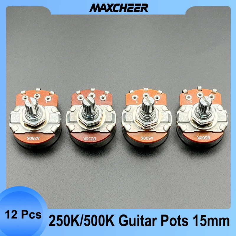 12Pcs A250K/B250K/A500K/B500K Split Shaft 15mm Guitar Volume Tone Pots Potentiometer for ELectric Guitar Bass