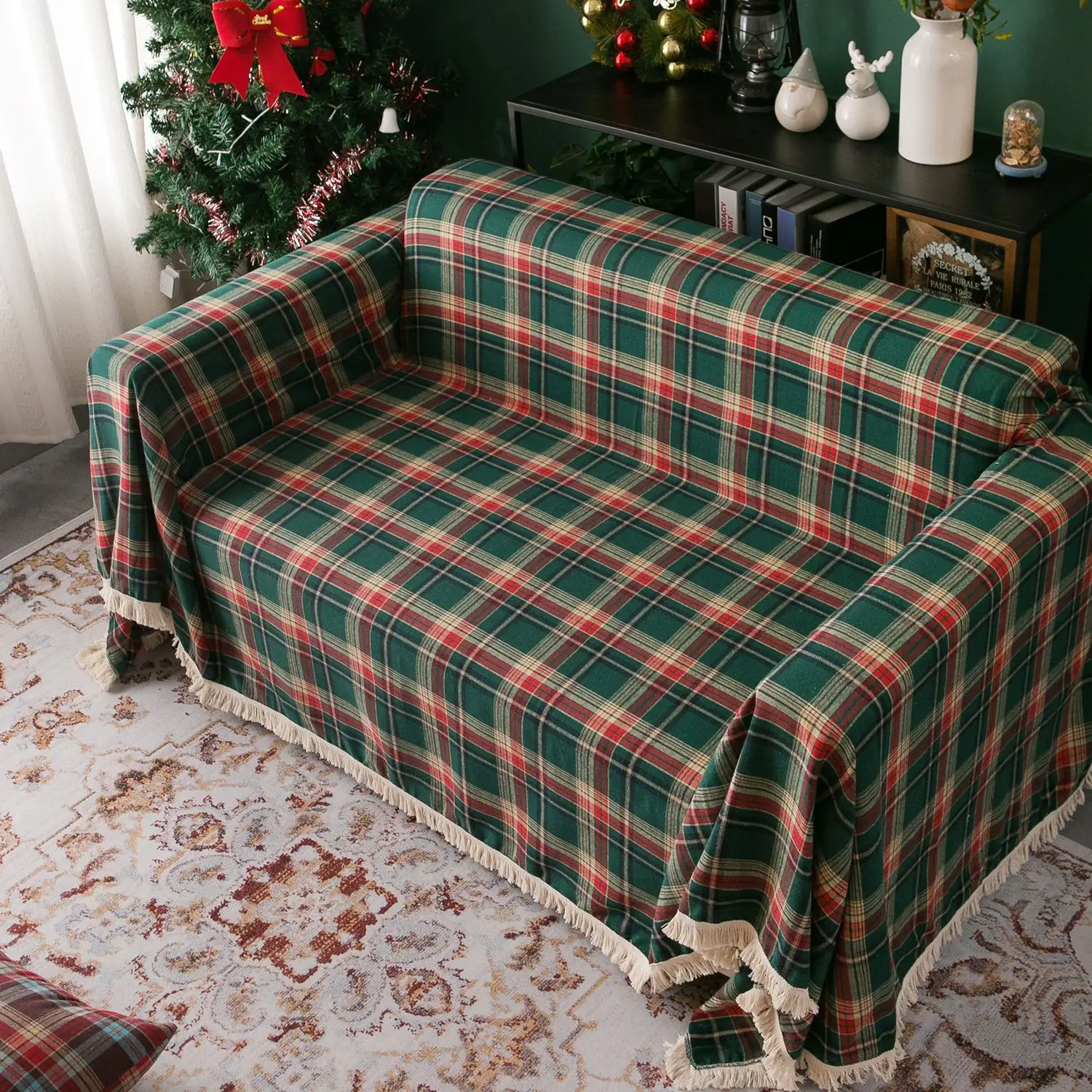 

Christmas Plaid Couch Cover with Tassel Washable Sofa Covers Couch Furniture Protector Seat Slipcover Sofa Towel for Living Room