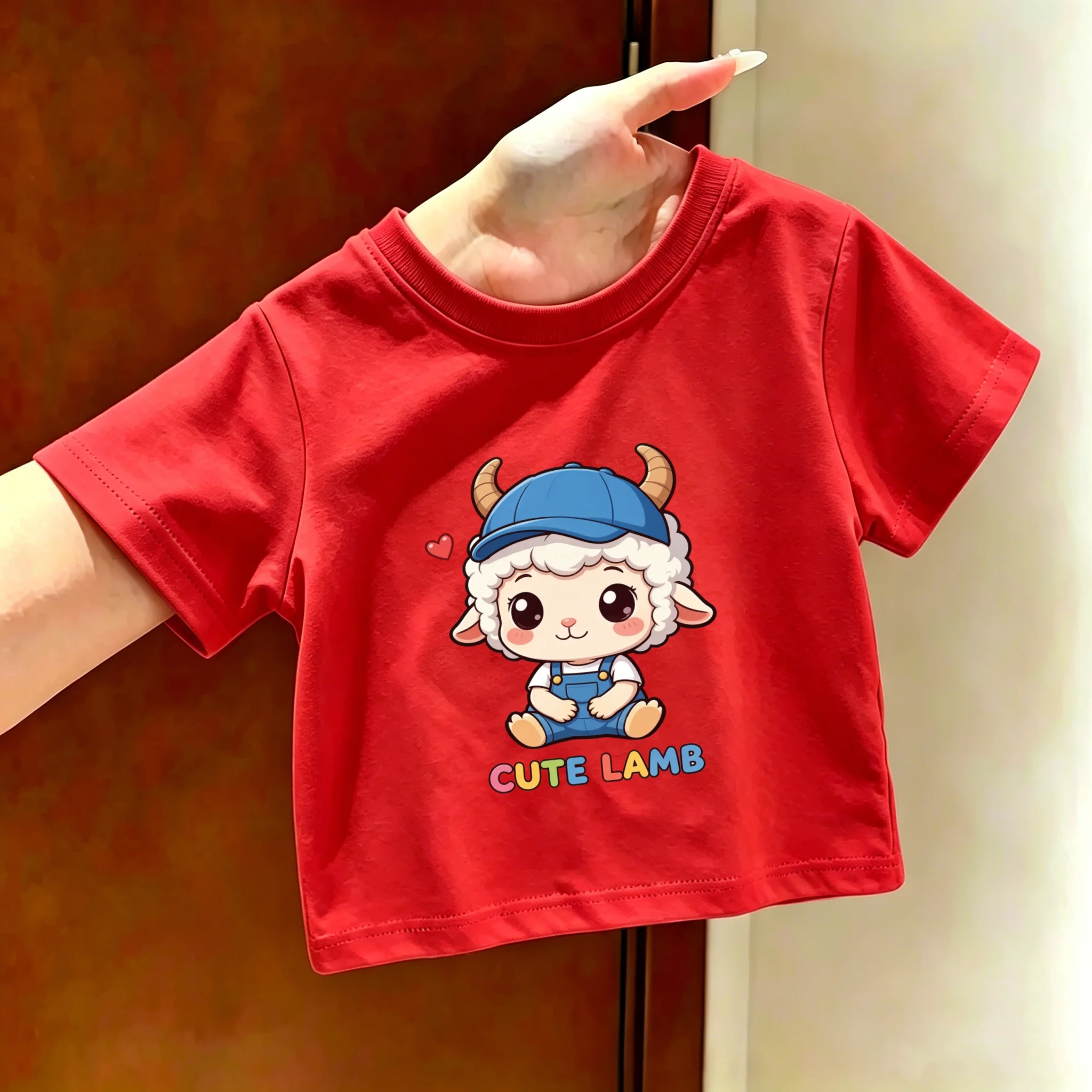Girl's Cartoon Lamb T-shirt, Boy's Round Neck Cute and Handsome Big, Medium and Small Children's Stylish Parent-child Shirt
