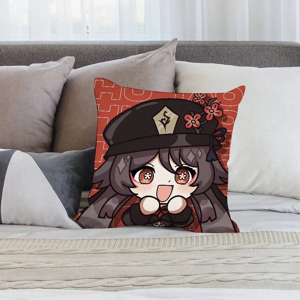 Kawaii G-Genshin Hu Tao Pillow Case Short plush Double-sided Print Square Throw Pillow Covers Sofa Home Cushion Decor