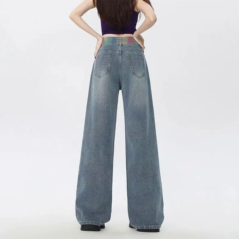 

High Waist Wide Leg Denim Pants Knitted Tapestry Spring Autumn New Sle Contrast Color Slim Straight Wide Leg Floor...