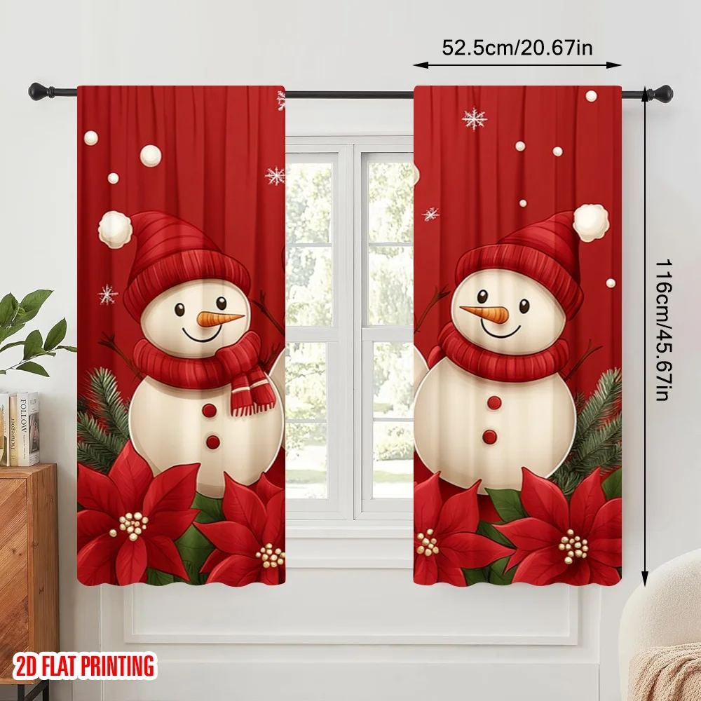 2pcs,2D plane printing Curtain Popular Cute Snowmen Christmas Poinsettias (3) Durable Polyester (without rod) Art Deco Festive