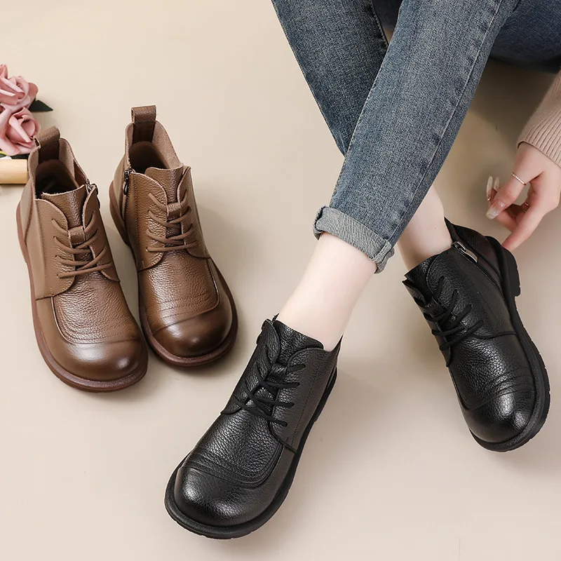 First-Layer Cowhide 2024 New Fall Style Versatile Single Boots Low-Heeled Short Boots Retro Style Genuine Leather Women boot