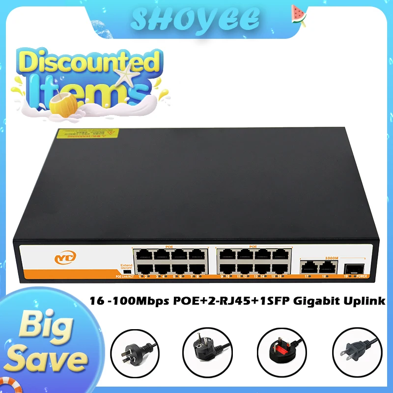 

New 19-Port POE RJ45 SFP Ethernet Switch 100/1000Mbps with for Uplink Unmanaged Plug and Play,for IP Camera/NVR