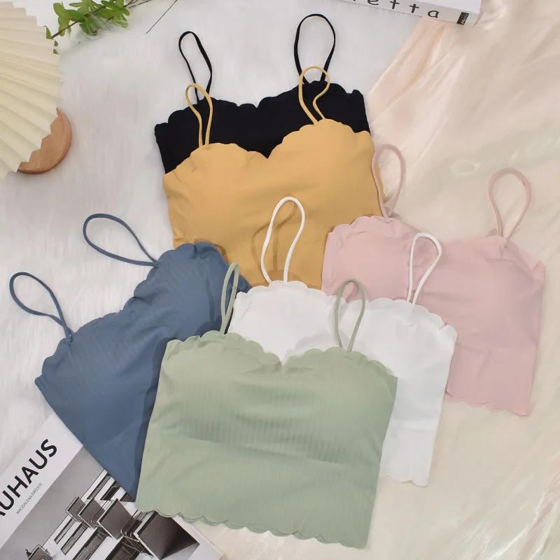 Ice Silk Crop Tops Women Sexy Tank Top Grils Summer Seamless Backless Vest Tube Top Underwear Padded Bra Camisole Lingerie