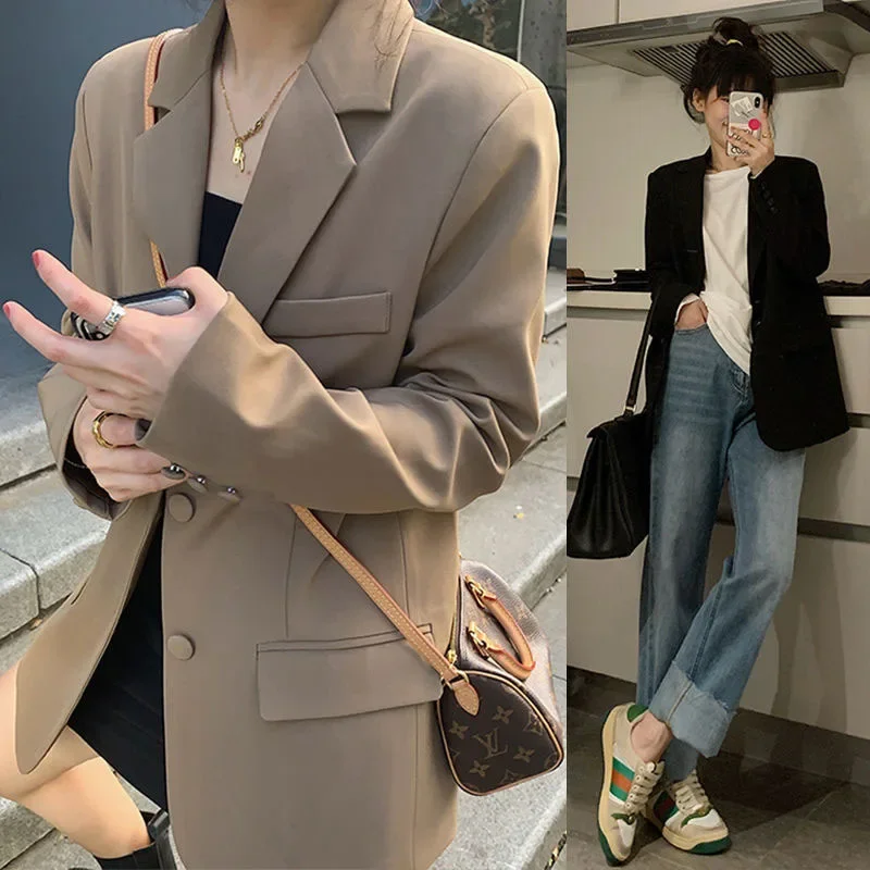 Autumn Blazers for Women Korean Fashion Casual Loose Commuting Lapel Single-breasted Oversized Office Lady Top Jacket Coat Women