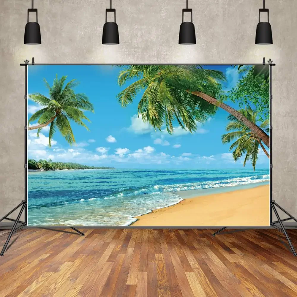 MOON.QG Blue Ocean Sunset Beach Backdrop Tropical Summer Photozone Background Palm Tree Wave Sand Ship Portrait Photography Prop