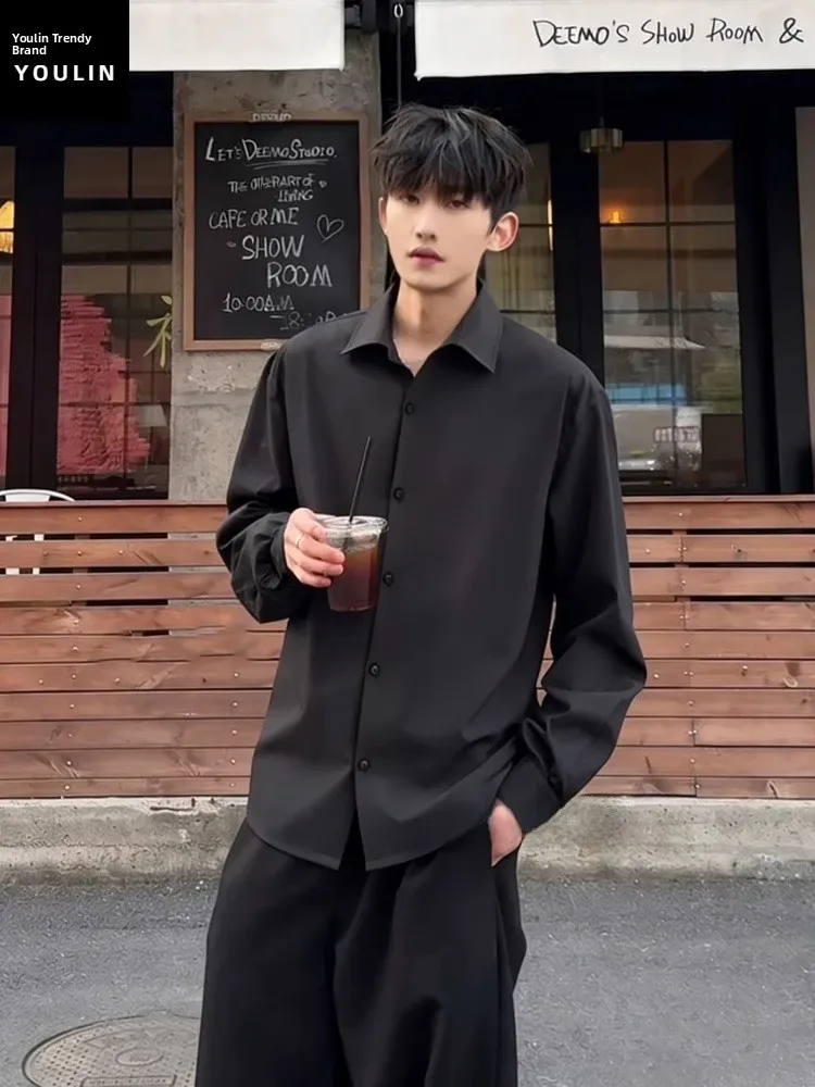 

Naples Black Long Sleeve Shirt Men's Spring High Sense Cool Handsome Inner Wear British Style Youthful Standard Fit Business ...