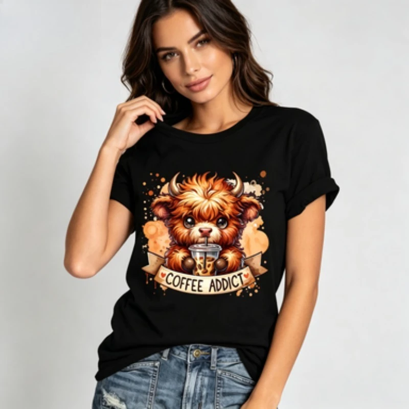 Kawaii Fluffy Highland Cow Coffee‑addict Graphic Printed Women Cotton T‑Shirt, Casual  Crew‑neck Short‑sleeve Streetwear Tops