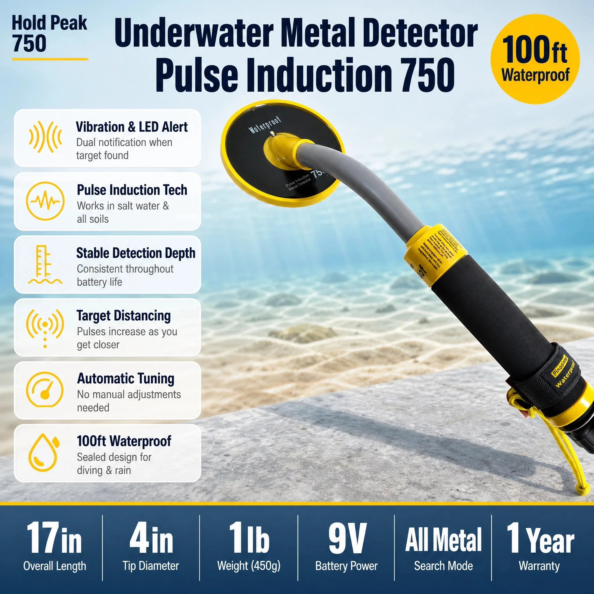 Pulse Induction Pinpointer Metal Detector, Waterproof 100ft Submersible with Vibration & White LED Alert, 9V Battery Power